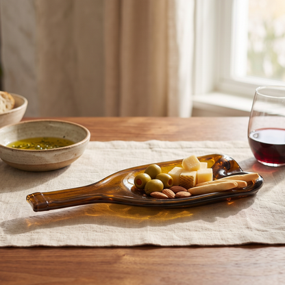 Fuente de vidrio ámbar Gold Lux con aceitunas y aperitivos servidos en mesa de estilo luxury