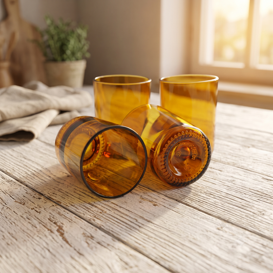 Pack de vasos de vidrio ámbar Gold Vidreall servidos con bebida en mesa de aperitivos